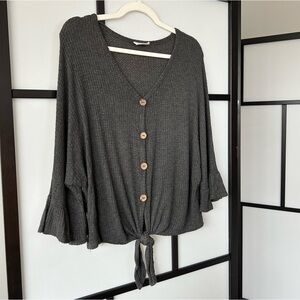 [L] free kisses Women’s Spring Boho Dark Grey Waffle Knit Flowy Boxy Crop Top